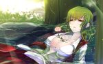  1girl bangs breasts cleavage collarbone collared_shirt commentary_request crying crying_with_eyes_open death eyebrows_visible_through_hair eyes_visible_through_hair flower green_hair hair_between_eyes highres in_water itocoh kazami_yuuka large_breasts leaf long_sleeves no_bra open_clothes open_mouth open_shirt partially_submerged red_eyes red_skirt red_vest shirt short_hair skirt skirt_set solo tears touhou tree_trunk vest water wavy_hair white_shirt 