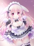  1girl animal_ears black_bow black_legwear bow breasts bunny_ears chiika_(cure_cherish) cleavage dress frilled_dress frills highres large_breasts long_hair looking_at_viewer maid maid_dress maid_headdress open_mouth original pink_eyes pink_hair puffy_short_sleeves puffy_sleeves short_sleeves skirt_hold solo thighhighs two_side_up 