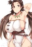  1girl arm_behind_head arm_up armpits bare_shoulders body_markings breasts brown_eyes brown_hair closed_mouth dress facial_mark fate/grand_order fate_(series) forehead forehead_mark highres himiko_(fate) huge_breasts long_hair looking_at_viewer magatama magatama_necklace no_bra no_panties sash side_slit sideboob simple_background topknot tsukasawa_takamatsu twintails white_background white_dress 