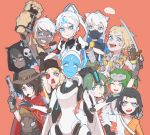  ... 6+girls absurdres animal_ear_fluff animal_ears arm_up armpits arrow_(projectile) bastion_(overwatch) black_gloves black_hair black_mask blonde_hair blue_eyes blue_sclera bomb brown_gloves brown_hair brown_headwear cigar clenched_teeth closed_mouth cowboy_hat dark_skin detonator doomfist_(overwatch) echo_(overwatch) eyebrows_visible_through_hair eyes_visible_through_hair facial_mark facial_scar fingerless_gloves fingernails gauntlets genderswap genderswap_(mtf) genji_(overwatch) glitch gloves green_hair gun hair_between_eyes hammer handgun hanzo_(overwatch) hat headgear highres holding holding_gun holding_hammer holding_sword holding_weapon hood hood_up junkrat_(overwatch) katana lan_mao_akko long_hair long_ponytail looking_at_another mask mccree_(overwatch) medium_hair mouth_mask multiple_girls nose_scar one_eye_closed open_hands open_mouth orange_background overwatch ponytail reaper_(overwatch) revolver robot scar short_hair simple_background skull smile soldier:_76_(overwatch) speech_bubble sword teeth tongue upper_teeth weapon white_eyes white_hair 