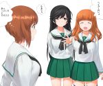  3girls ^_^ a1 closed_eyes girls_und_panzer green_skirt long_hair multiple_girls nishizumi_miho ooarai_school_uniform orange_hair sailor_collar school_uniform short_hair simple_background skirt speech_bubble takebe_saori thought_bubble translation_request white_background white_sailor_collar 