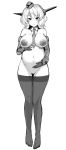 1girl absurdres bangs between_breasts big_belly blush braid breasts closed_mouth colorado_(kantai_collection) commentary_request eyebrows_visible_through_hair full_body garrison_cap gloves greyscale groin hands_on_own_stomach hat headgear highres kantai_collection kokutou_nikke large_breasts looking_at_viewer monochrome navel necktie necktie_between_breasts nipples no_pussy no_shoes nude pregnant simple_background smile solo standing stomach thighhighs white_background 