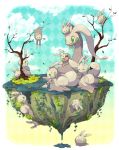  bare_tree closed_mouth cloud commentary_request gen_6_pokemon goodra goomy grass green_eyes highres jippe leaf no_humans on_head open_mouth pokemon pokemon_(creature) pokemon_on_head sliggoo slime smile tongue tree 