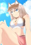  1girl alternate_costume beni_(bluebluesky) blue_eyes blue_sky breasts cloud crossed_legs from_below girls_und_panzer grey_hair hand_on_own_knee highres itsumi_erika jewelry looking_at_viewer medium_breasts medium_hair navel necklace sarong sky smile solo thighs 