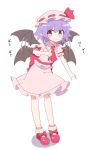  1girl afterimage back_bow bat_wings blush bow brooch commentary flapping full_body hat hat_ribbon highres jewelry looking_at_viewer mob_cap nihohohi pink_headwear pink_legwear pink_shorts pink_skirt pointy_ears purple_hair red_bow red_eyes red_footwear red_neckwear red_ribbon remilia_scarlet ribbon shoe_bow shoes short_hair short_sleeves shorts simple_background skirt smile socks solo touhou white_background wings 