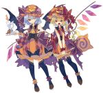  2girls adapted_costume ankle_cuffs bat_bowtie bat_wings black_legwear black_neckwear blonde_hair blue_hair blush bow brown_footwear candle candy center_frills commentary crystal demon_horns dress fangs flandre_scarlet food frills full_body hat hat_bow highres holding holding_candy holding_food holding_lollipop horns jack-o&#039;-lantern lollipop long_hair mob_cap multiple_girls nikorashi-ka one_eye_closed open_mouth orange_dress orange_headwear oversized_food pumpkin_hat red_bow red_eyes remilia_scarlet shoes short_hair siblings side_ponytail simple_background sisters sleeveless sleeveless_dress smile striped striped_bow swirl_lollipop thighhighs touhou white_background wings wrist_cuffs 