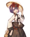  1girl bangs blush bob_cut breasts eyeliner fate/grand_order fate_(series) flower gourd hair_flower hair_ornament hanbok headpiece highres horns ichimegasa korean_clothes long_sleeves looking_at_viewer makeup oni oni_horns open_mouth purple_eyes purple_hair sash short_eyebrows short_hair shuten_douji_(fate/grand_order) simple_background skin-covered_horns small_breasts smile sookmo white_background 