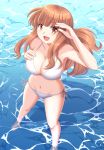 1girl beni_(bluebluesky) bikini blue_eyes breasts brown_eyes brown_hair cleavage from_above girls_und_panzer groin hand_on_own_chest highres large_breasts long_hair looking_at_viewer navel ocean side-tie_bikini smile solo swimsuit takebe_saori wading water white_bikini 