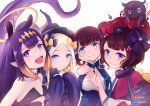  4girls abigail_williams_(fate/grand_order) absurdres artist_name bangs blue_eyes breasts china_dress chinese_clothes closed_mouth creator_connection dress english_commentary eyebrows_visible_through_hair fate/grand_order fate_(series) flower hair_flower hair_ornament hair_ribbon hat highres hololive hololive_english katsushika_hokusai_(fate/grand_order) long_hair long_sleeves looking_at_viewer mixed-language_commentary multiple_girls ninomae_ina&#039;nis open_mouth parted_hair patreon_logo pixiv_logo pointy_ears purple_eyes ribbon self_shot short_hair small_breasts smile squid tentacles trait_connection virtual_youtuber yang_guifei_(fate/grand_order) zee_n3 