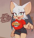  1girl :d animal_ears animal_nose bat bat_ears bat_girl bat_wings black_shorts blush breasts commentary cowboy_shot english_commentary english_text green_eyes large_breasts open_mouth red_shirt rouge_the_bat shirt shorts smile solo sonic_the_hedgehog standing the_big_bang_theory wamudraws white_hair wings 