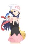  1girl bag baum beanie black_hair black_shirt closed_mouth commentary_request cowboy_shot dawn_(pokemon) duffel_bag eyelashes floating_scarf from_side grey_eyes hat highres long_hair looking_to_the_side outstretched_arm pink_skirt piplup pokemon pokemon_(creature) pokemon_(game) pokemon_dppt red_scarf scarf shirt simple_background skirt sleeveless sleeveless_shirt smile spread_fingers white_background white_headwear yellow_bag 