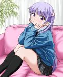  1girl apita_(apitaro) black_legwear couch flower hair_flower hair_ornament indoors kneehighs long_hair looking_at_viewer new_game! panties panty_peek purple_eyes purple_hair sitting skindentation solo suzukaze_aoba twintails underwear 