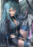  1girl amasaki_yusuke android artist_name blue_hair breasts burnt cleavage clothing_cutout highres holding holding_sword holding_weapon large_breasts long_hair looking_to_the_side navel navel_cutout open_mouth original purple_eyes science_fiction sitting solo sword weapon 