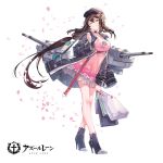  1girl alternate_costume azur_lane bag bangs belt black_jacket breasts brown_hair casual cherry_blossoms choker cleavage copyright_name criin crossed_bangs dress eyebrows_visible_through_hair floating_hair full_body hair_between_eyes hair_ornament hairclip hat high_heels highres holding holding_bag jacket large_breasts leaning_forward long_hair long_sleeves looking_at_viewer mikasa_(azur_lane) official_art one_eye_closed parted_lips pink_dress shopping_bag simple_background smile solo standing turret very_long_hair white_background yellow_eyes 