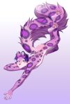  absurd_res anthro big_tail clothing crossed_legs felid fluffy fluffy_tail genitals hair hi_res hindpaw looking_at_viewer lying male mammal nude on_front pantherine pawpads paws penis purple_hair rokito snow_leopard solo spots 