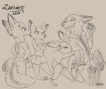  2020 3_toes anthro arzmx barefoot black_pawpads blowing_raspberries bodily_fluids bottomwear canid canine claws clothed clothing cross-popping_vein crossed_arms dipstick_ears disney eyes_closed feet female fox fully_clothed fur grin group hi_res inktober judy_hopps lagomorph leporid male mammal multicolored_ears necktie nick_wilde pants pawpads rabbit red_fox shirt simple_background smile soles sweat sweatdrop toes topwear vein walking zootopia 