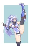  1girl android black_gloves blue_hair breasts depo_(typebaby505) fingerless_gloves gloves highres large_breasts long_hair long_ponytail looking_at_viewer mecha_musume original smile solo split standing standing_on_one_leg standing_split v 