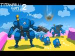  6+others black_eyes bottoms1237 copyright_name crossover fall_guy fall_guys falling gun highres holding holding_gun holding_weapon mecha multiple_others no_humans pun titanfall titanfall_2 walking weapon 