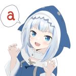  1girl animal_hood blue_eyes blue_hair clenched_hands eyebrows_visible_through_hair fish_bone gawr_gura highlights hololive hololive_english hood hood_up lo_xueming looking_at_viewer multicolored_hair open_mouth paw_pose shark_hood sharp_teeth speech_bubble teeth virtual_youtuber white_background white_hair 