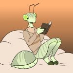 1:1 ambiguous_gender antennae_(anatomy) anthro arthropod book clothed clothing foxenawolf green_eyes insect mantis pillow reading solo 