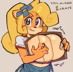  accessory activision anthro areola band-aid bandage bandicoot big_breasts big_eyes blonde_hair box breasts clothed clothing coco_bandicoot crash_bandicoot_(series) crate curled_hair english_text female flower flower_in_hair front_view fur green_eyes hair hair_accessory half-length_portrait holding_box holding_object huge_breasts looking_at_viewer mammal marsupial navel nipple_band-aid nipples orange_body orange_fur overalls partially_clothed plant ponytail portrait shirt simple_background smile smirk solo standing tan_body tan_fur text three-quarter_view topwear video_games wamudraws wooden_box 