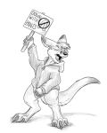  4:5 anthro claws clothing covering covering_crotch english_text eyes_closed flinters hi_res holding_object holding_sign hoodie kangaroo macropod male mammal marsupial monochrome open_mouth renegade_kangaroo solo text toe_claws topwear 