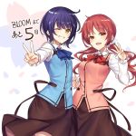  2girls blue_bow blue_hair blush bow breasts brown_eyes commentary_request gochuumon_wa_usagi_desu_ka? grin highres holding_hands jouga_maya ks_(xephyrks) large_breasts long_hair looking_at_viewer low_twintails multiple_girls natsu_megumi one_eye_closed open_mouth parted_lips red_bow red_hair short_hair smile teeth translated twintails v wavy_hair 