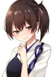  1girl brown_eyes brown_hair highres japanese_clothes kaga_(kantai_collection) kantai_collection katsuobushi_(eba_games) looking_at_viewer muneate short_hair side_ponytail simple_background smile solo tasuki upper_body white_background 