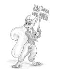  2020 4:5 anthro barefoot claws clothed clothing english_text flinters fluffy fluffy_tail fur hair hi_res holding_object holding_sign male mammal monochrome open_clothing rodent sciurid solo text toe_claws tree_squirrel whiskers 