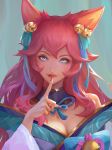  1girl ahri animal_ear_fluff animal_ears bare_shoulders bell blue_eyes breasts cleavage closed_mouth eyeshadow face facial_mark finger_to_mouth fingernails fox_ears fox_girl hair_bell hair_ornament highres japanese_clothes league_of_legends long_fingernails long_hair makeup off-shoulder_kimono off_shoulder pink_eyeshadow pink_hair pink_nails sharp_fingernails smile solo spirit_blossom_ahri upper_body very_long_fingernails whisker_markings wifc 