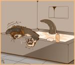  anthro bath bathtub border human lutrine male mammal membrane_(anatomy) mustelid orange_border pawpads shampoo snout soap solo surrii thick_tail transformation water webbed_hands 