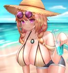  1girl aqua_nails arknights bangs beach bikini blonde_hair braid breasts cleavage collarbone crazy_straw cup day deaver drinking_glass drinking_straw eyebrows_visible_through_hair eyewear_on_head grey_bikini grey_shorts hat heart_straw highres holding holding_cup huge_breasts jewelry long_hair looking_at_viewer magenta_eyes necklace ocean outdoors sand short_shorts shorts solo striped striped_bikini sun_hat sunglasses swimsuit twin_braids utage_(arknights) vertical-striped_bikini vertical_stripes 