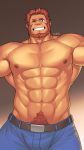  1boy abs bara bare_chest beard belt bulge chest denim dobito_mn facial_hair fate/grand_order fate/zero fate_(series) gradient gradient_background incoming_hug iskandar_(fate) jeans male_focus muscle navel navel_hair nipples one_eye_closed pants red_eyes red_hair shirtless short_hair smile solo 