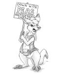  4:5 anthro claws clothed clothing english_text featureless_crotch flinters flinters_(character) fur hi_res holding_object holding_sign kangaroo macropod male mammal marsupial monochrome mostly_nude navel open_clothing open_mouth open_topwear open_vest scarf solo text toe_claws topwear vest 