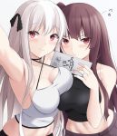  2girls :t arm_up armpits bare_arms bare_shoulders black_choker black_shirt breast_press breasts choker collarbone criss-cross_halter crop_top girls_frontline groin hair_ribbon halter_top halterneck highres holding jewelry kar98k_(girls_frontline) keenh long_hair looking_at_viewer medium_breasts midriff multiple_girls navel one_side_up pout purple_hair red_eyes ribbon ring self_shot shirt simple_background sleeveless sleeveless_shirt smile spaghetti_strap stomach strap_gap symmetrical_docking upper_body v-shaped_eyebrows wa2000_(girls_frontline) wedding_band white_background white_hair white_shirt 