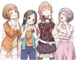  4girls belt black_hair black_legwear black_shirt brown_eyes buttons choker closed_eyes clothes_writing cowboy_shot dress garter_straps hand_on_own_cheek highres idolmaster idolmaster_cinderella_girls jacket keyhole kitami_yuzu koshimizu_sachiko light_brown_hair long_sleeves multiple_girls nanjou_hikaru ninomiya_asuka one_eye_closed open_mouth orange_hair plaid plaid_skirt puffy_short_sleeves puffy_sleeves purple_dress purple_hair shirt short_sleeves shorts skirt smile t-shirt thighhighs tongue tongue_out white_belt wristband yukie_(kusaka_shi) 