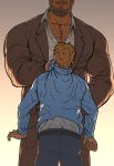  2boys bara beard belt body_hair chest chest_hair denim dobito_mn facial_hair formal giant giant_male hairy head_out_of_frame highres hood hoodie jacket jeans male_focus manly multiple_boys muscle open_clothes open_jacket open_shirt original pants shirt_grab short_hair size_difference 