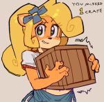  accessory activision anthro bandicoot big_eyes blonde_hair box clothed clothing coco_bandicoot crash_bandicoot_(series) crate curled_hair english_text female flower flower_in_hair front_view fully_clothed fur green_eyes hair hair_accessory half-length_portrait holding_box holding_object looking_at_viewer mammal marsupial navel orange_body orange_fur overalls plant ponytail portrait shirt simple_background smile smirk solo standing tan_body tan_fur text three-quarter_view topwear video_games wamudraws wooden_box 