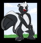  animate_inanimate anthro faceless featureless_crotch grass hi_res living_rubber mammal mephitid null plantigrade skunk sky solo standing tallarra 