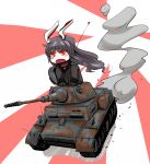  1girl animal_ears blush bunny_ears caterpillar_tracks chibi commentary_request gloves ground_vehicle jacket long_hair military military_vehicle motor_vehicle open_mouth panzerkampfwagen_ii purple_hair red_eyes reisen_udongein_inaba smoke tank touhou world_of_tanks yaruku 