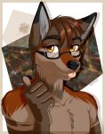  anthro ariveil brown_body brown_fur brown_hair canid canine canis claws coyote eyewear fur glasses grey_body grey_fur hair hi_res male mammal multicolored_body multicolored_fur simple_background smile solo tongue tongue_out yellow_eyes 