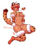  &lt;3 animal_humanoid anthro bra breasts clothing felid felid_humanoid female hair humanoid legwear luckypan mammal mammal_humanoid one_eye_closed open_mouth pantherine pantherine_humanoid panties red_hair simple_background solo thigh_highs tiger_humanoid underwear white_background wink yellow_eyes 