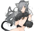  1girl animal_ears arknights bangs bell between_breasts bikini black_bikini black_scarf blush breasts cat_ears cat_tail cleavage closed_mouth commentary earrings embarrassed english_commentary eyebrows_visible_through_hair eyes_visible_through_hair gloves jewelry large_breasts long_hair looking_at_viewer midriff mikojin navel parted_bangs paw_gloves paws ponytail scarf schwarz_(arknights) silver_hair simple_background solo sweatdrop swimsuit tail thin_waist upper_body white_background 