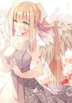  1girl :&lt; angel bangs blonde_hair blood blood_on_face blood_splatter bloody_hands breasts cleavage closed_mouth crying crying_with_eyes_open dress feathered_wings feathers floral_print green_eyes hair_flowing_over halo hands_together hoshino_koucha jewelry long_hair necklace original own_hands_together pendant ponytail praying sidelocks sleeveless sleeveless_dress straight_hair streaming_tears tears tile_floor tiles very_long_hair white_background white_wings wing_ornament wings 
