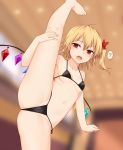  1girl ? ass bangs bare_legs bare_shoulders barefoot bikini black_bikini blonde_hair blurry blurry_background breasts cameltoe collarbone commentary_request crystal flandre_scarlet flexible hair_between_eyes hair_ribbon hand_on_own_leg highres kneepits leg_up looking_at_viewer miyo_(ranthath) navel one_side_up open_mouth red_eyes red_ribbon ribbon short_hair small_breasts solo split spoken_question_mark standing standing_on_one_leg standing_split stomach swimsuit touhou wings 