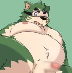  2020 anthro balls belly black_nose canid canine canis censored domestic_dog fur genitals green_background green_body green_fur hi_res kemono live-a-hero male mammal mokdai moobs nipples overweight overweight_anthro overweight_male penis simple_background solo video_games visor yukinari_ism 