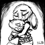  1:1 2020 anthro belt clothed clothing disney duo female fully_clothed gojuliogo hi_res hug inktober judy_hopps lagomorph leporid lutrine mammal monochrome mrs._otterton mustelid rabbit simple_background smile white_background zootopia 