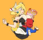  ! 1boy 1girl 1up bare_shoulders between_breasts black_dress blonde_hair blue_eyes blush bowsette bracelet breasts cleavage commentary cowboy_shot dress earrings eyebrows_visible_through_hair eyelashes fang full-face_blush gloves hair_between_eyes hat head_between_breasts horns jewelry large_breasts long_hair looking_down mario mario_(series) new_super_mario_bros._u_deluxe off-shoulder_dress off_shoulder oomabu_shichirou open_mouth orange_background overalls pointy_ears ponytail red_headwear simple_background spiked_armlet spiked_bracelet spikes spoken_exclamation_mark super_crown surprised sweat sweatdrop sweating_profusely tail white_gloves 