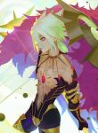  1boy bare_chest blonde_hair choker earrings fate/grand_order fate_(series) floating gem holding holding_weapon jewelry karna_(fate) male_focus necklace parted_lips purple_eyes single_earring solo spiked_choker spikes weapon wifc 