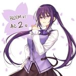  1girl bow breasts collared_shirt commentary eyebrows_visible_through_hair gochuumon_wa_usagi_desu_ka? hand_on_hip highres index_finger_raised ks_(xephyrks) large_breasts long_hair long_sleeves looking_at_viewer parted_lips purple_bow purple_eyes purple_hair shirt solo tedeza_rize translated twintails very_long_hair white_shirt 